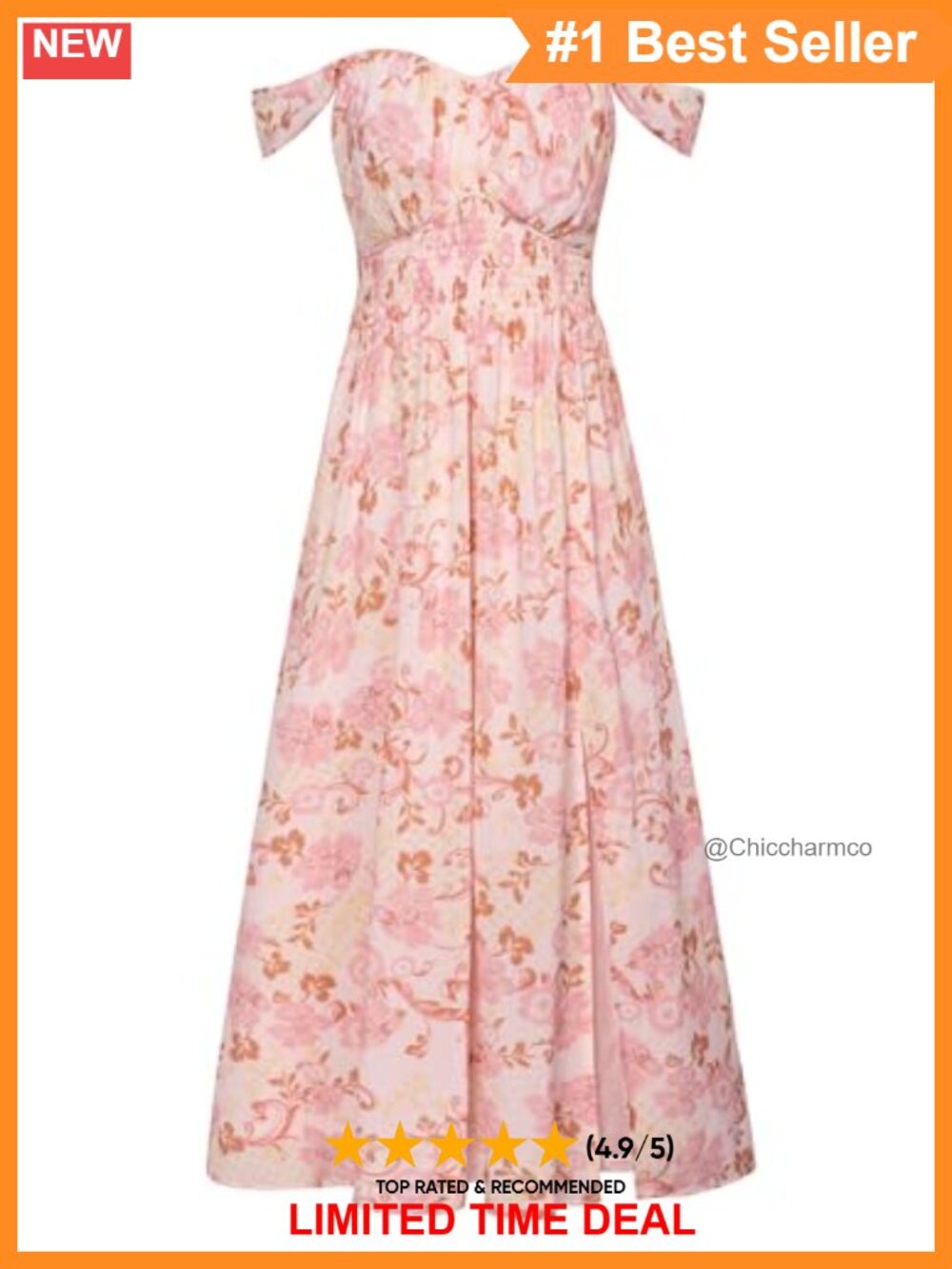 Women's Floral Chiffon Maxi Dress Off Shoulder Smocked A-Line Wedding Guest
